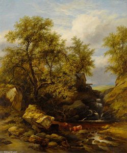 Rocky Landscape With Waterfall And Cattle — James Stark