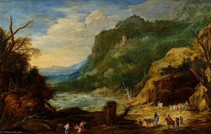 River With Castle, Horsemen And Woodcutters — Joos De Momper