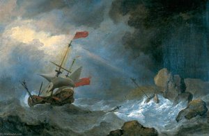 Man O' War In Distress Off Rocky Coast — Willem Van De Velde The Younger
