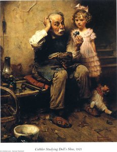 Cobbler Studying Doll's Shoe — Norman Rockwell