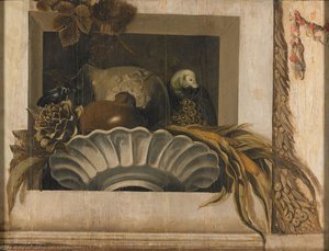 Still Life Of Vegetables And A Parrot In A Niche — Jacob Van Campen