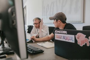 Matthew Feldman, Associate Artistic Administrator For The La Phil, Reviews Audio Transitions In The Performance’s Score With Information Designer Nicholas Boss. — Jackie Russo Jaquez