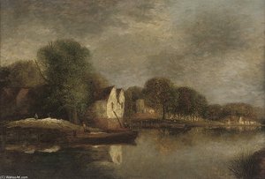 Cottages Along A River Bank — John Sell Cotman