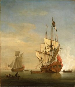 An English Sixth Rate Ship Firing A Salute As A Barge Leaves — Willem Van De Velde The Younger