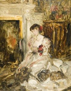 Lady Barber Seated With Yorkshire Terriers In The Music Room At Culham Court — Sir James Jebusa Shannon