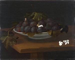 Fruit Bowl With Plums And Figs And Two Jasmines On A Table — Fede Galizia