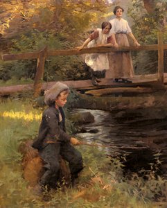 Fishing By A Forest Stream — Harold Harvey
