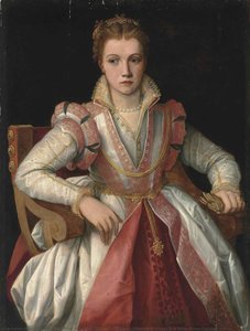 Portrait Of A Lady In A White Dress Trimmed In Pink — Frančesko Salviati