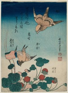 Šrěk A Vrabec S Begonií A Divokou Jahodou — Hokusai Kacušika