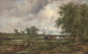 An Extensive Landscape With A Barge On A Canal And Yoked Horses On A Towpath, A Church And Village Beyond — Frederick Waters (william) Watts