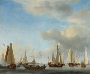 A Dutch State Barge Under Oars With Bezan Yachts Under Sail — Willem Van De Velde The Younger