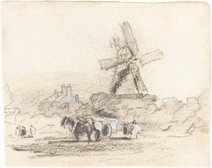 A Cart With Two Horses Near A Windmill — David Cox