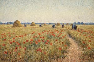 Golden Rhythms Of The Summer Harvest: A Pointillist Study In Ochre And Poppy — Camille Caron