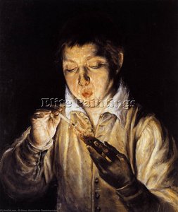 Un Niño Soplando Sobre Una Brasa Para Encender Una Vela (soplón) — El Greco