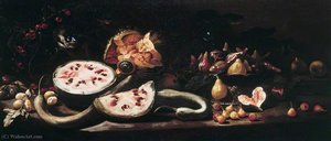 Still Life With Watermelons, Plums, Cherries, A Basket Of Figs, Pears And A Monkey — Giovanni Battista Ruoppolo