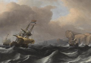 A Dutch Frigate And Other Shipping In Stormy Seas Along A Rocky Coastline — Aernout Smit