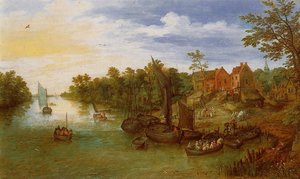 River Landscape With Landing — Jan Brueghel The Elder