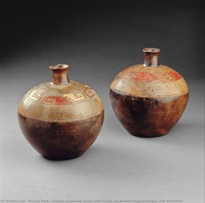 Ceramic Ceremonial Vessel With Incised And Painted Stepped Designs (left) Ml010416 — Paracas Style