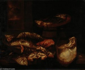 A Ray, A Salmon Steak, Crabs And Other Fish In A Basket On A Wooden Ledge Before A Window — Abraham Hendricksz. Van Beyeren