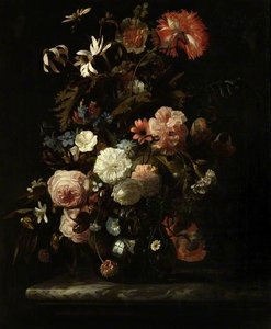 Glass Vase Of Mixed Flowers On A Marble Ledge — Simon Pietersz Verelst
