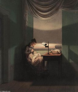Young Woman Sewing By The Light Of A Lamp — Georg Friedrich Kersting