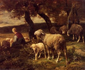 Shepherdess And Sheep — Charles-émile Jacque