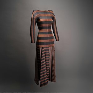 Issey Miyake, Brown And Black Striped Polyester Skirt Ensemble — Isė Misaki