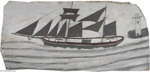 Schooner In Full Sail Near A Lighthouse — Alfred Wallis