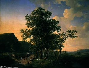 Wooded Landscape With Peasants And Animals — Julius Jacobus Van De Sande Bakhuyzen
