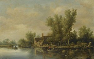 A River Estuary With Two Peasants Fishing In A Rowing Boat Near A Farmhouse — Pieter De Neyn