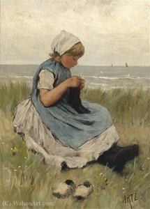 A Girl Knitting In The Dunes — Adolph Artz (david Adolf Constant Artz)