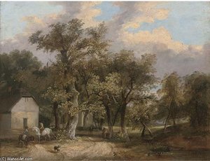 Figures And Animals Before Cottages In A Wooded Landscape — James Stark