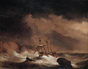 An Indiaman In A Gale Off A Rocky Coast — Willem Van De Velde The Younger
