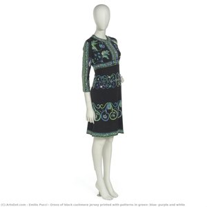 Dress Of Black Cashmere Jersey Printed With Patterns In Green, Blue, Purple And White — Emilio Pucci