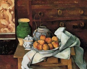 Vessels, Fruit And Cloth En Frente De Un Pecho — Paul Cézanne