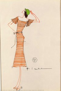 Drawing, White And Orange Striped Dress And Green Hat — Alceu De Paula Penna