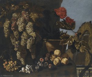 Still Life With Hanging Grapes On The Vine, Figs And Fungi In A Garden Setting — Giovanni Battista Ruoppolo