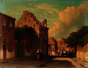 A Sunlit Townview With Figures Conversing — Jan Weissenbruch