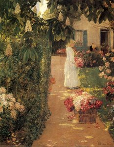 Gathering Flowers In A French Garden — Frederick Childe Hassam