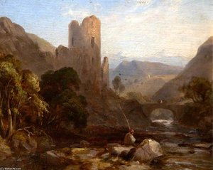 A Man Fishing In A Stream By A Ruined Castle — John Sell Cotman