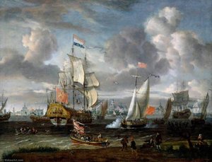 An English Yacht Saluting A Dutch Man Of War In The Port Of Rotterdam — अब्राहम स्टॉर्क (स्टर्केनबर्च)