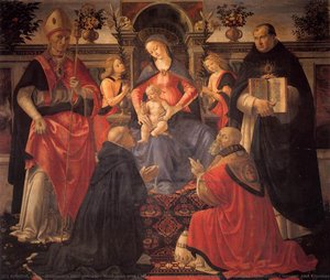 Madonna And Child Enthroned With St. Dionysius, Aeropagita, Domenic, Clement And Thomas Aquinas — Domeniko Đirlandajo