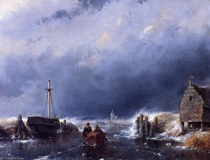 Scaters Pushing Sledge Sun — Andreas Schelfhout