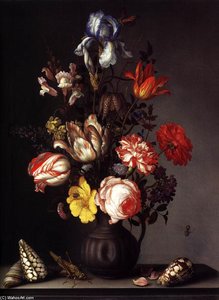 Flowers In A Vase With Shells And Insects — Balthasar Van Der Ast