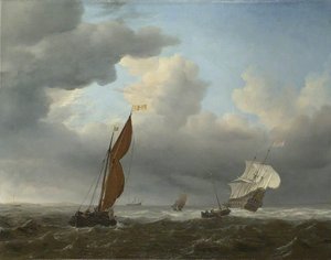 A Dutch Ship And Other Small Vessels In A Strong Breeze — Willem Van De Velde The Younger