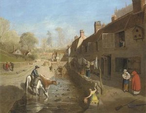 Figures By A Village Stream With Figures By Terraced Houses — James Francis Danby