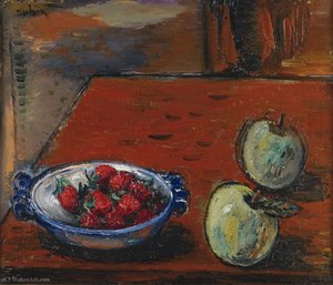 Still Life With Apples And Strawberries, (1940) — Reuven Rubin