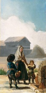 분수 옆의 여성과 두 아이 — 고야