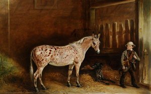 A Strawberry Roan Mule And Two Lurchers In A Stable, And A Stable Lad — Sr John E Ferneley