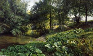 A Wooded River Landscape With Deer Beyond — Peder Mørk Mønsted